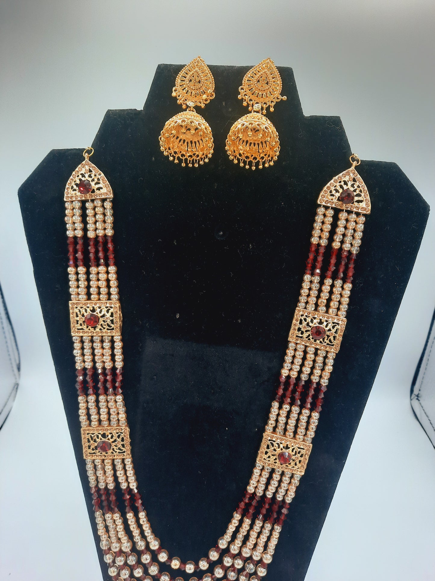 Hyderabadi style maroon and Red maala with imitation gold jhumkas - NATASHAHS
