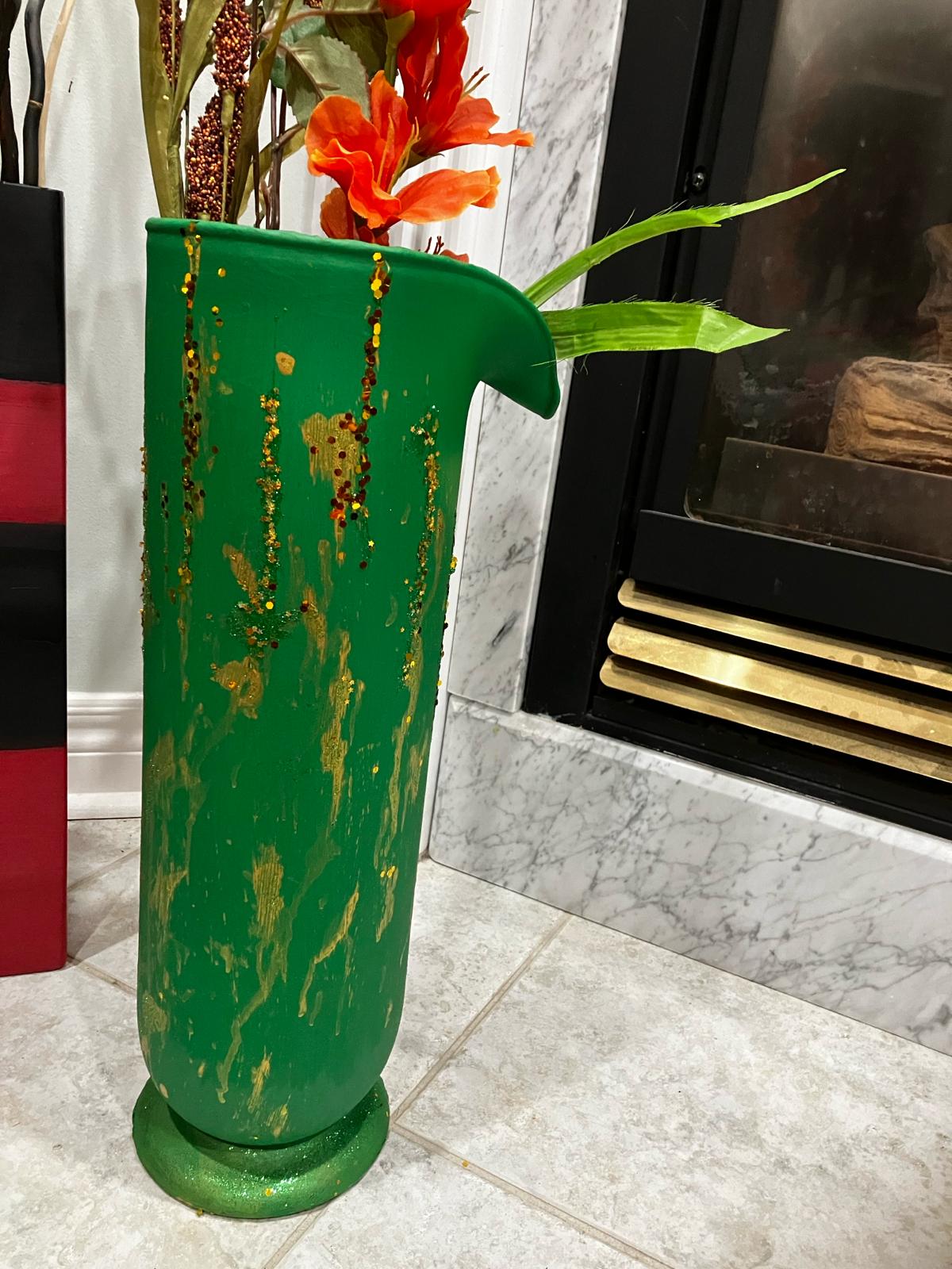 Painted pitcher style glass vase in Green color with sequin and golden print touch - NATASHAHS