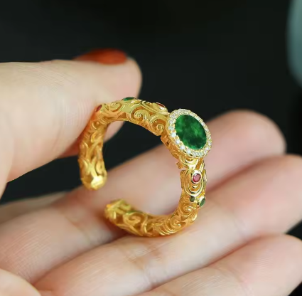 Natural Hetian Jasper jade exquisite Ancient gold craftsmanship Court style rings for women high-grade Retro classic jewelry - NATASHAHS