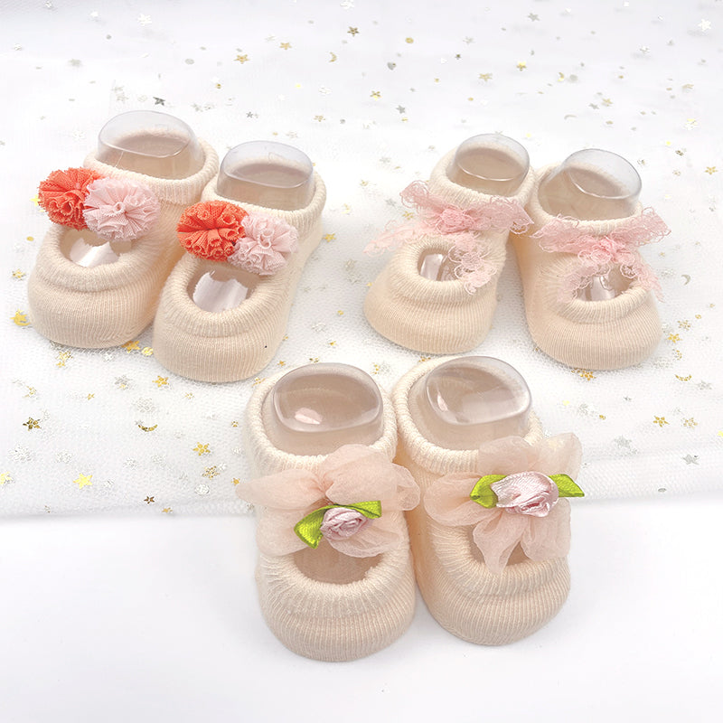 3 paires de chaussettes-chaussons en dentelle à fleurs avec bandeau pour bébés filles nouveau-nés, accessoires photo pour 0-3 mois