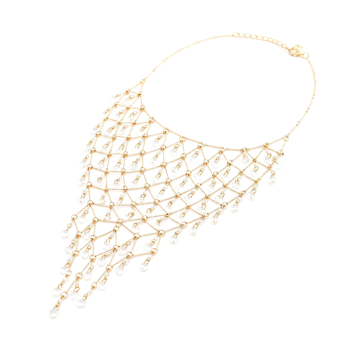 Luxury Gold Mesh Clear Crystal Tassel Necklace for Women Statement Neck Jewelry Wedding Evening Party Accessories