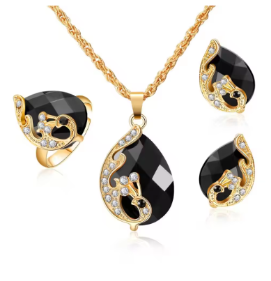 Hesiod Nouveauté Vintage Femmes Élégant Paon Goutte d'eau Strass Pendentif Collier Boucles d'oreilles Cristal Parure de Bijoux Mariage