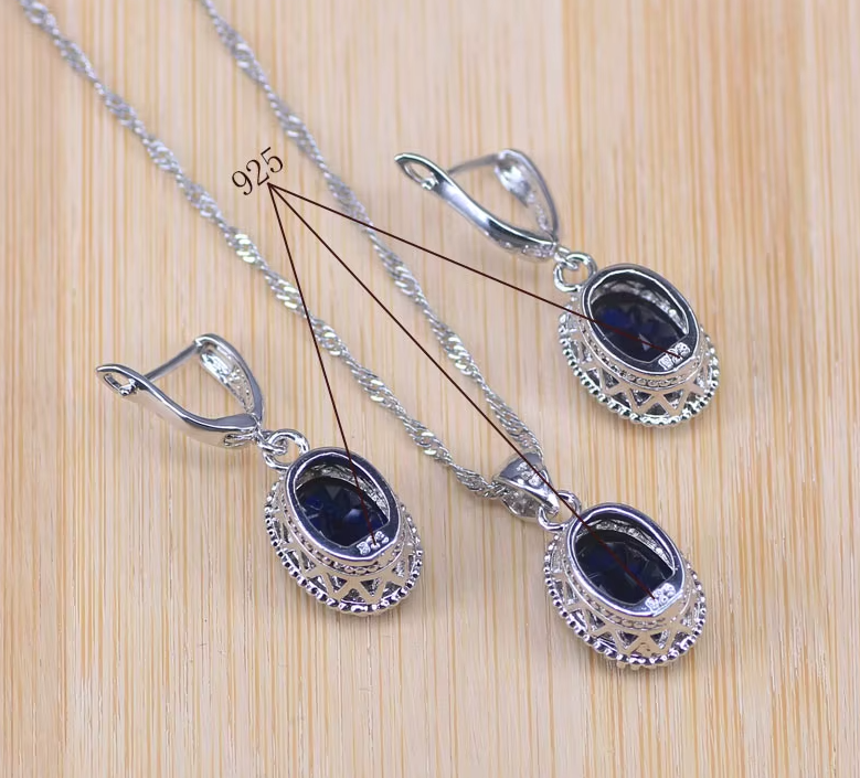 Blue Zircon Bridal Silver 925 Costume Jewelry Sets Women Pendant&Necklace Ring Earrings With Natural Stones - NATASHAHS