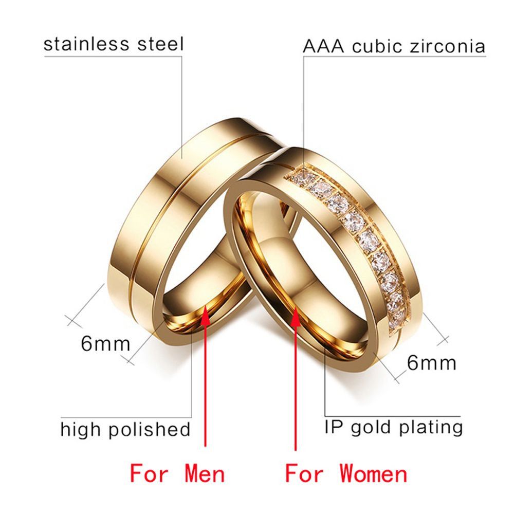 Mode Femmes Hommes Couples AAA CZ Acier Inoxydable Plaqué Or 18K Oxyde de Zirconium Bague de Mariage 1pc