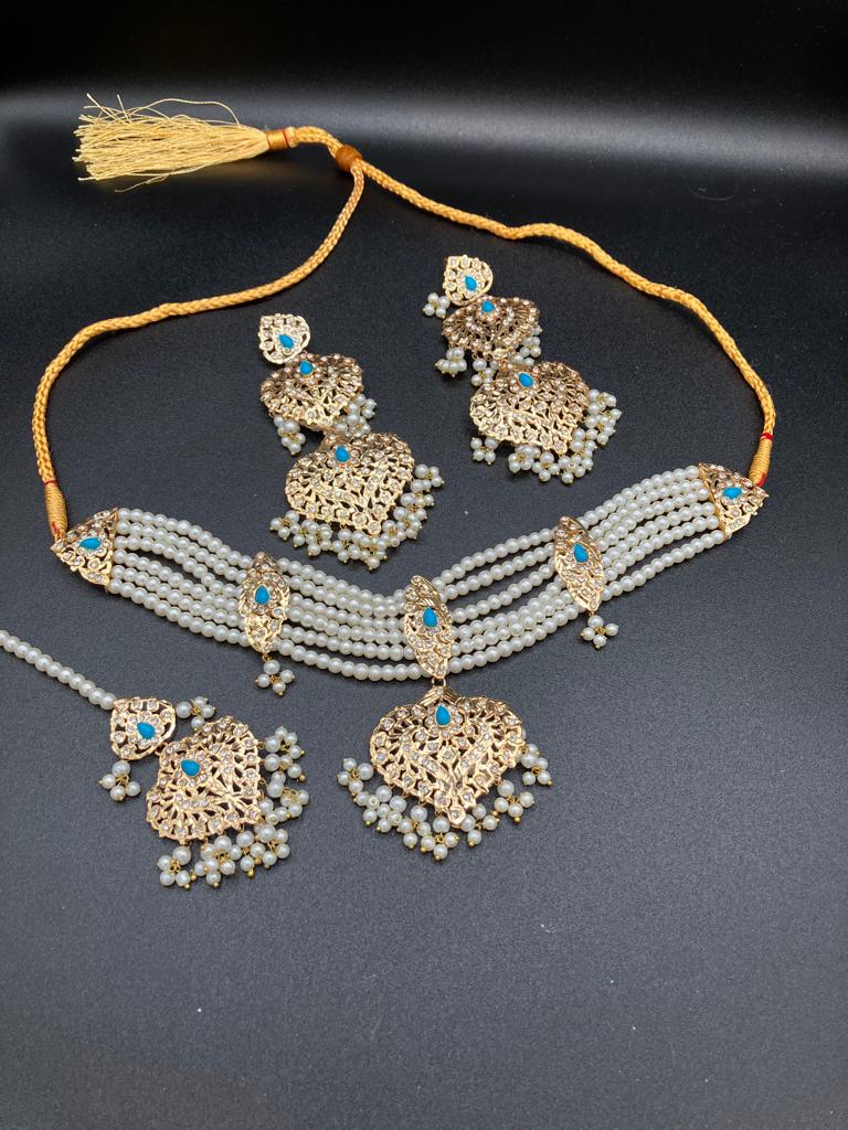 Hyderabadi style White pearls jewelry set with choker and anarkali earrings - NATASHAHS