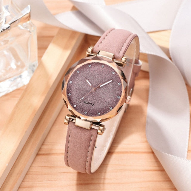 Natashahs Casual Women Romantic Starry Sky Wrist Watch bracelet Leather Rhinestone Designer Ladies Clock Simple Dress Gfit Montre Femme - NATASHAHS