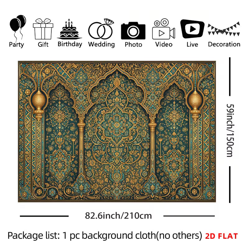 2D Flat, 1 Large Islamic Wall Tapestry Suitable for Bedroom, Living Room Decor - Large Horizontal Islamic Panel with Golden & Turquoise Islamic Patterns, Non-Luminous Hanging