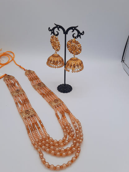 Champagne color long necklace or maala with 24k gold plated jhumka - NATASHAHS