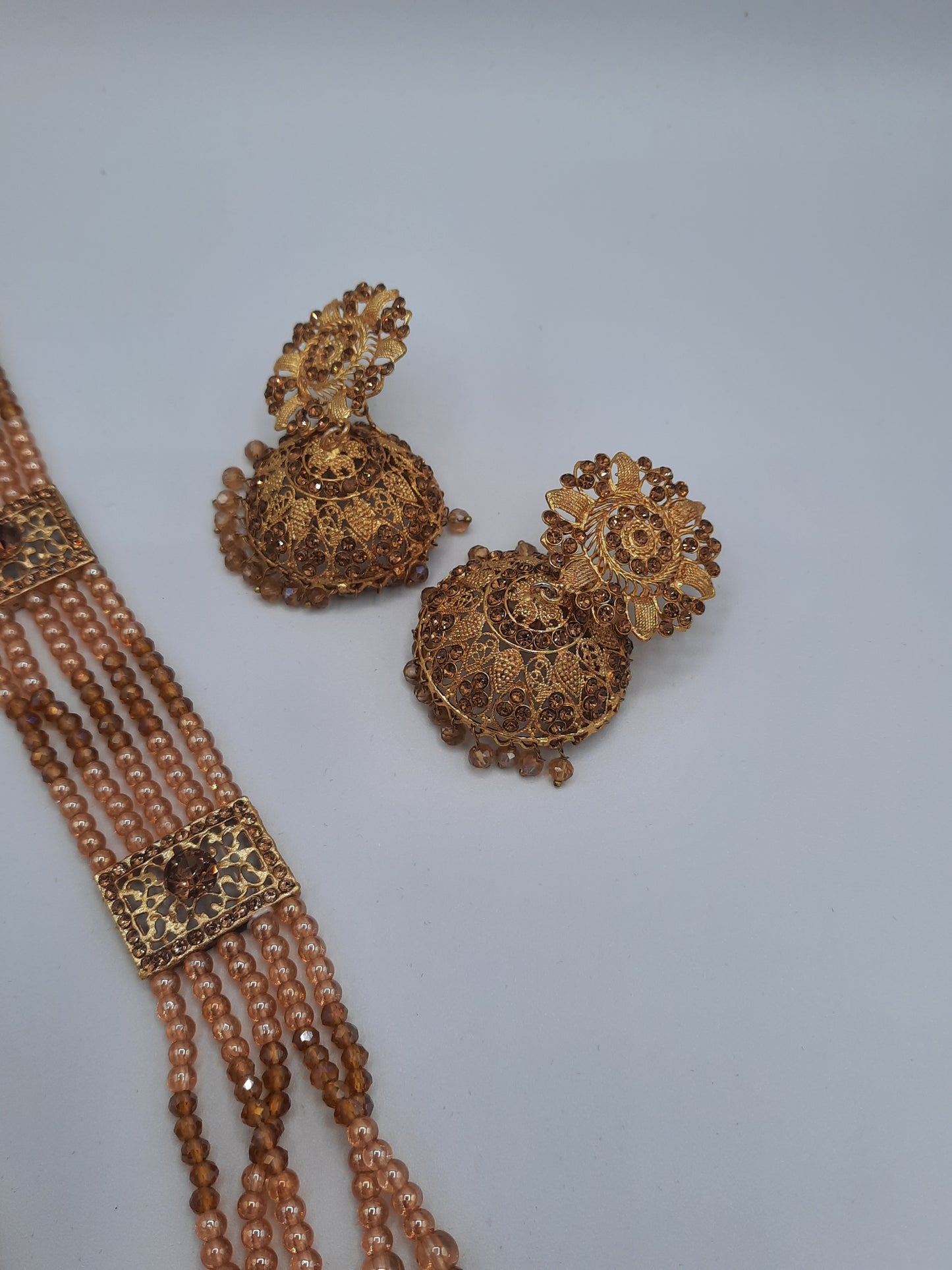 Champagne color long necklace or maala with 24k gold plated jhumka - NATASHAHS