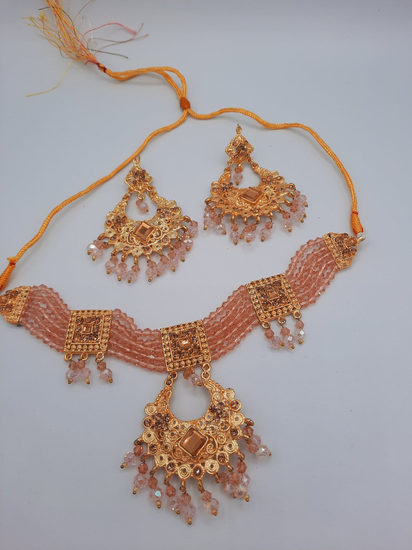 Pink guluband choker with earrings and teeka - NATASHAHS
