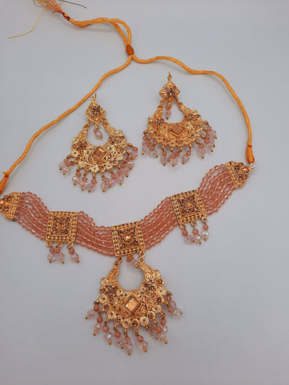 Pink guluband choker with earrings and teeka - NATASHAHS