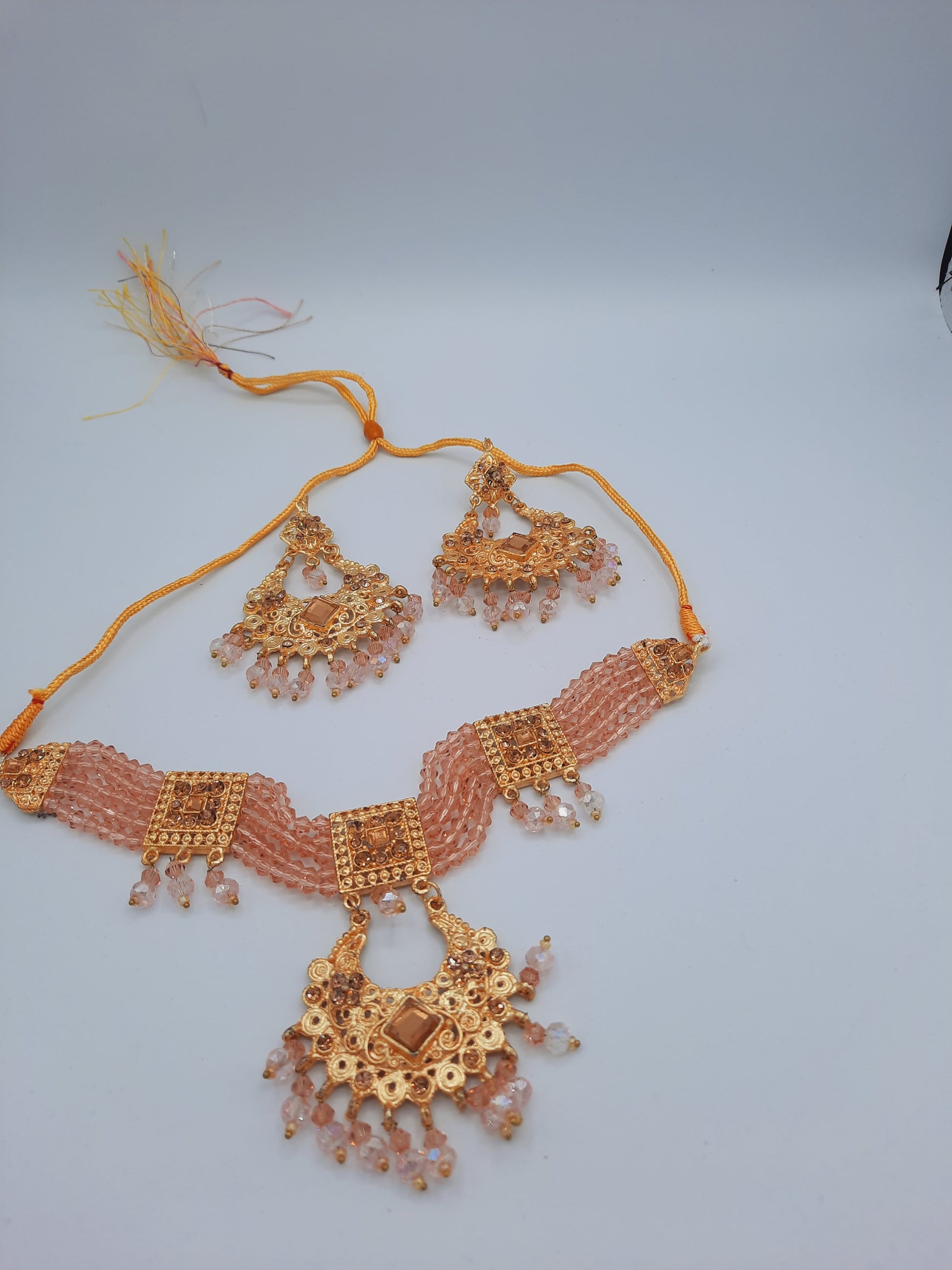 Pink guluband choker with earrings and teeka - NATASHAHS