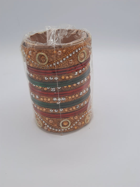 Bangles size 2.60 dia in green and red bangles mixed with golden kadas - NATASHAHS
