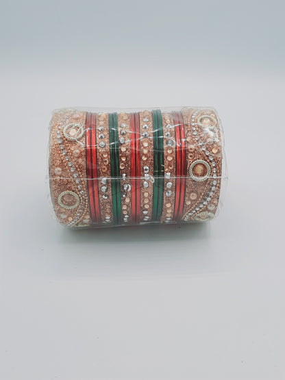 Bangles size 2.60 dia in green and red bangles mixed with golden kadas - NATASHAHS