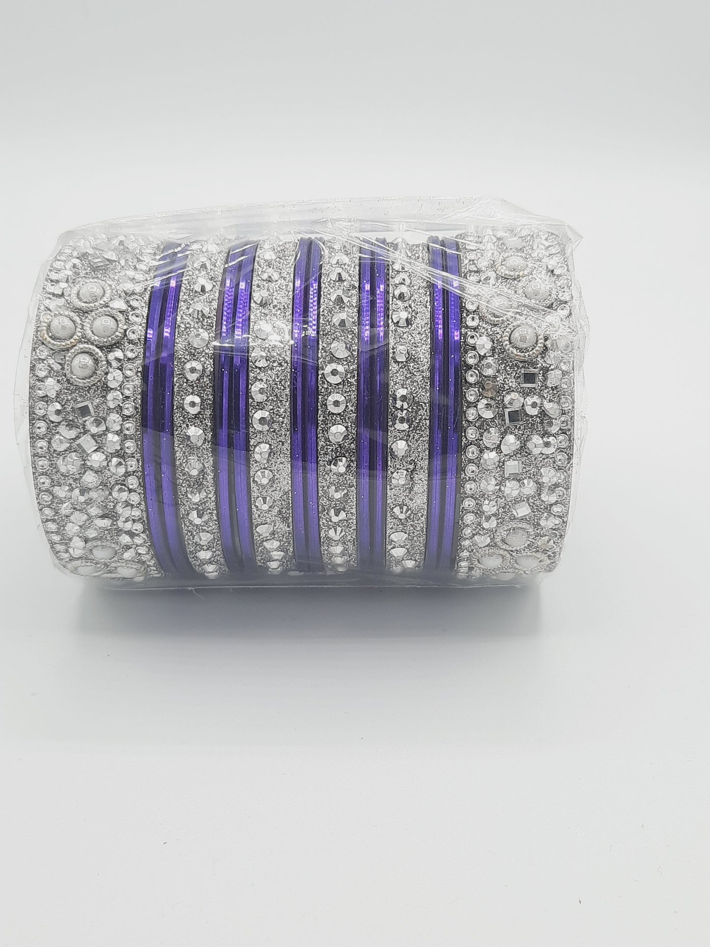 Bangles size 2.65 dia in shade of shiny purple glass bangles adorned with silver embellished kadas with silver embellishments - NATASHAHS