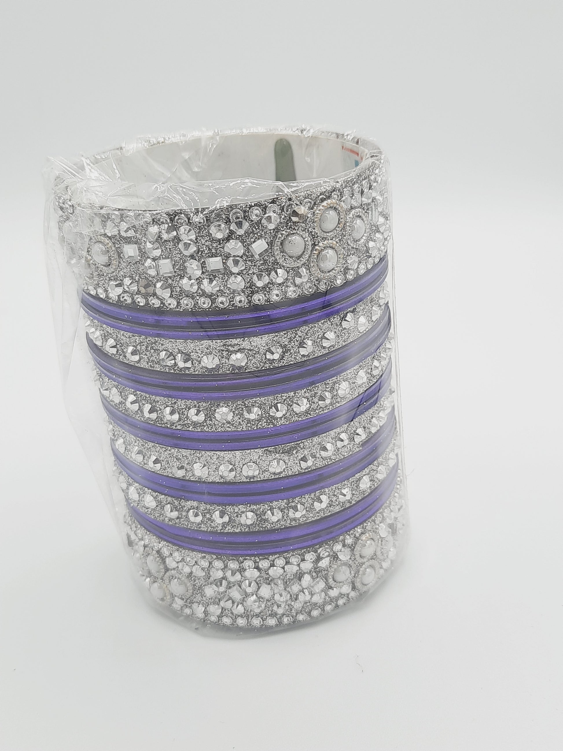 Bangles size 2.65 dia in shade of shiny purple glass bangles adorned with silver embellished kadas with silver embellishments - NATASHAHS