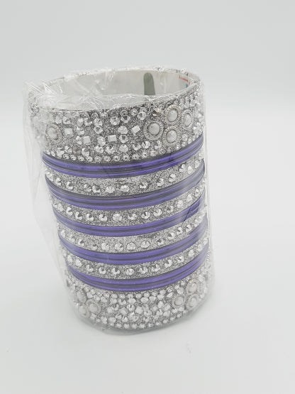 Bangles size 2.65 dia in shade of shiny purple glass bangles adorned with silver embellished kadas with silver embellishments - NATASHAHS