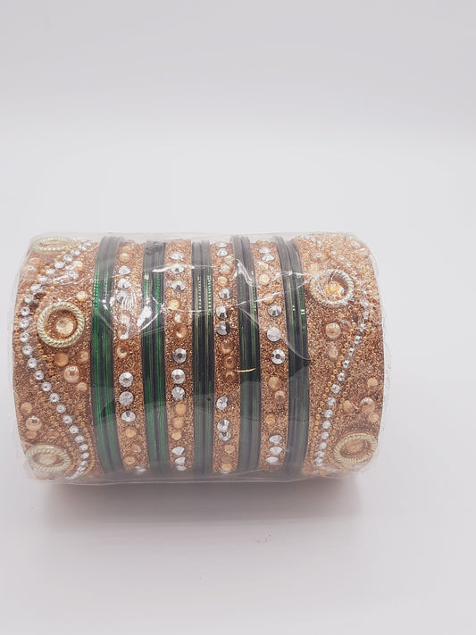 Bangles size 2.55 dia in shade of shiny green glass bangles adorned with golden embellished kadas with golden embellishments - NATASHAHS