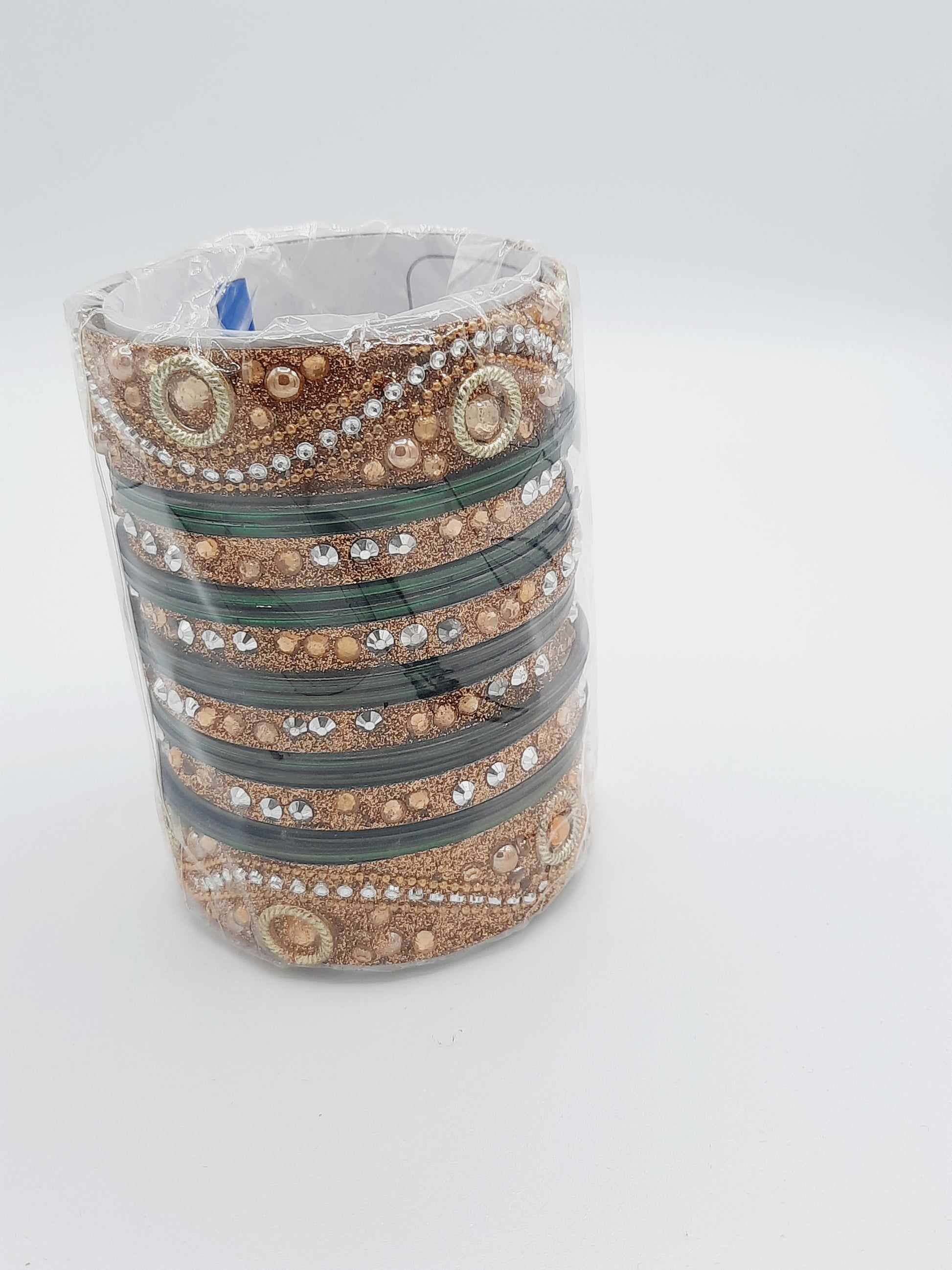 Bangles size 2.55 dia in shade of shiny green glass bangles adorned with golden embellished kadas with golden embellishments - NATASHAHS