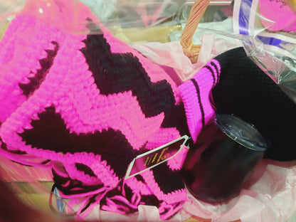 Accessories gift basket with winter scarf cap and tea mug