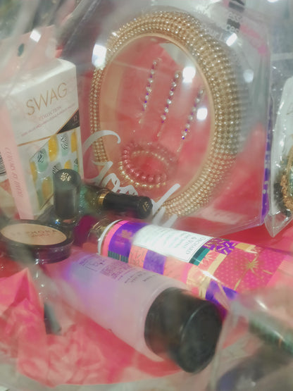 Gift basket for a gorgeous lady with all makeup essentials taht a girl needs
