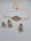 Anarkali Zircon choker set with guluband earrings and teeka in green color - NATASHAHS