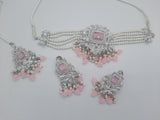 Anarkali Zircon choker set with guluband earrings and teeka in pink color in silver tone - NATASHAHS