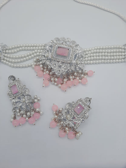 Anarkali Zircon choker set with guluband earrings and teeka in pink color in silver tone - NATASHAHS