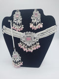 Anarkali Zircon choker set with guluband earrings and teeka in pink color in silver tone - NATASHAHS