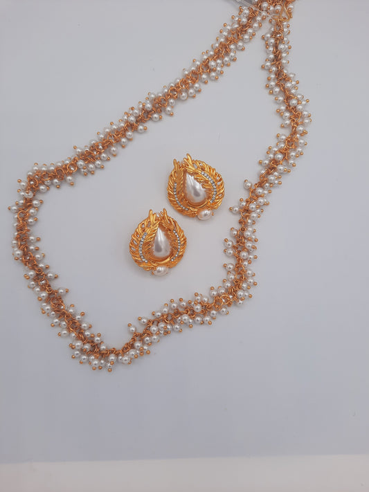Gold-plated imitation white pearls gajra maala with dubai gold plated earrings - NATASHAHS