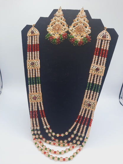 Hyderabadi style Red & Green jewelry set with maala long necklace - NATASHAHS