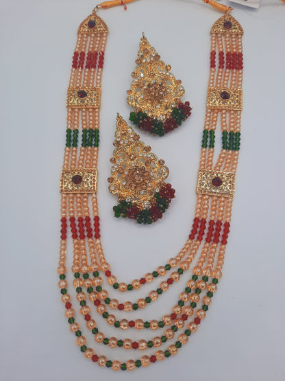 Hyderabadi style Red & Green jewelry set with maala long necklace - NATASHAHS