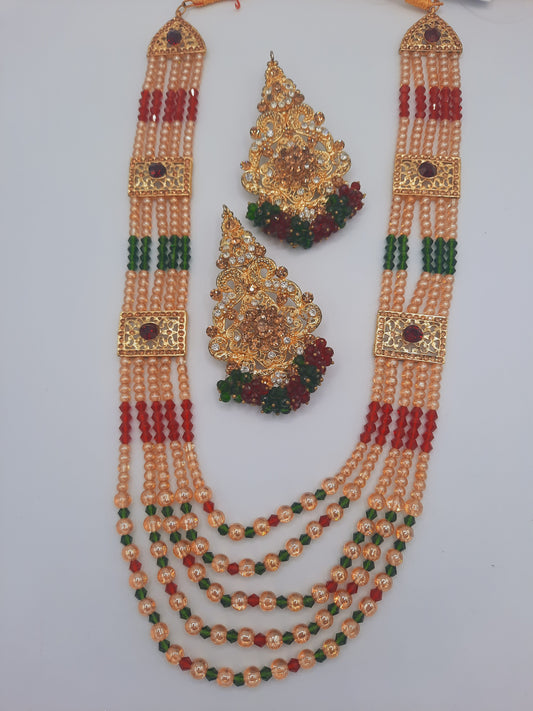 Hyderabadi style Red & Green jewelry set with maala long necklace - NATASHAHS
