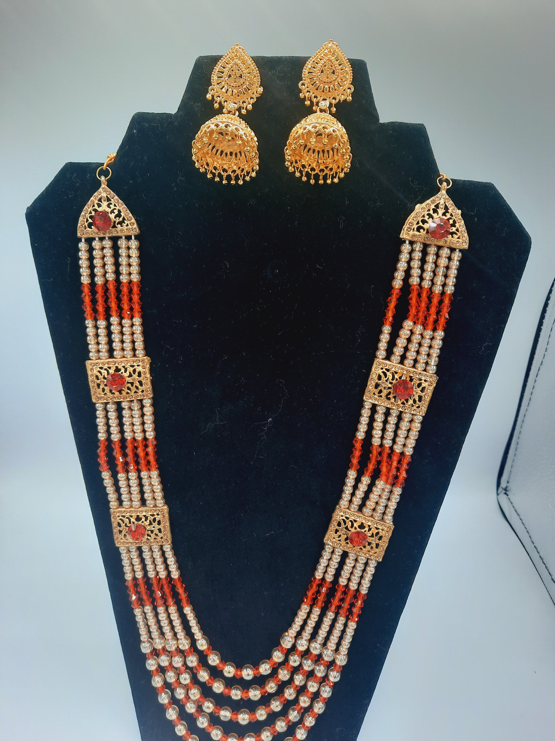 Hyderabadi style maroon and Red maala with imitation gold jhumkas - NATASHAHS