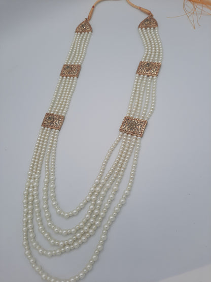 White long maala necklace with white pearls and Kundan Bali with chain and Devdas jhumkas - NATASHAHS