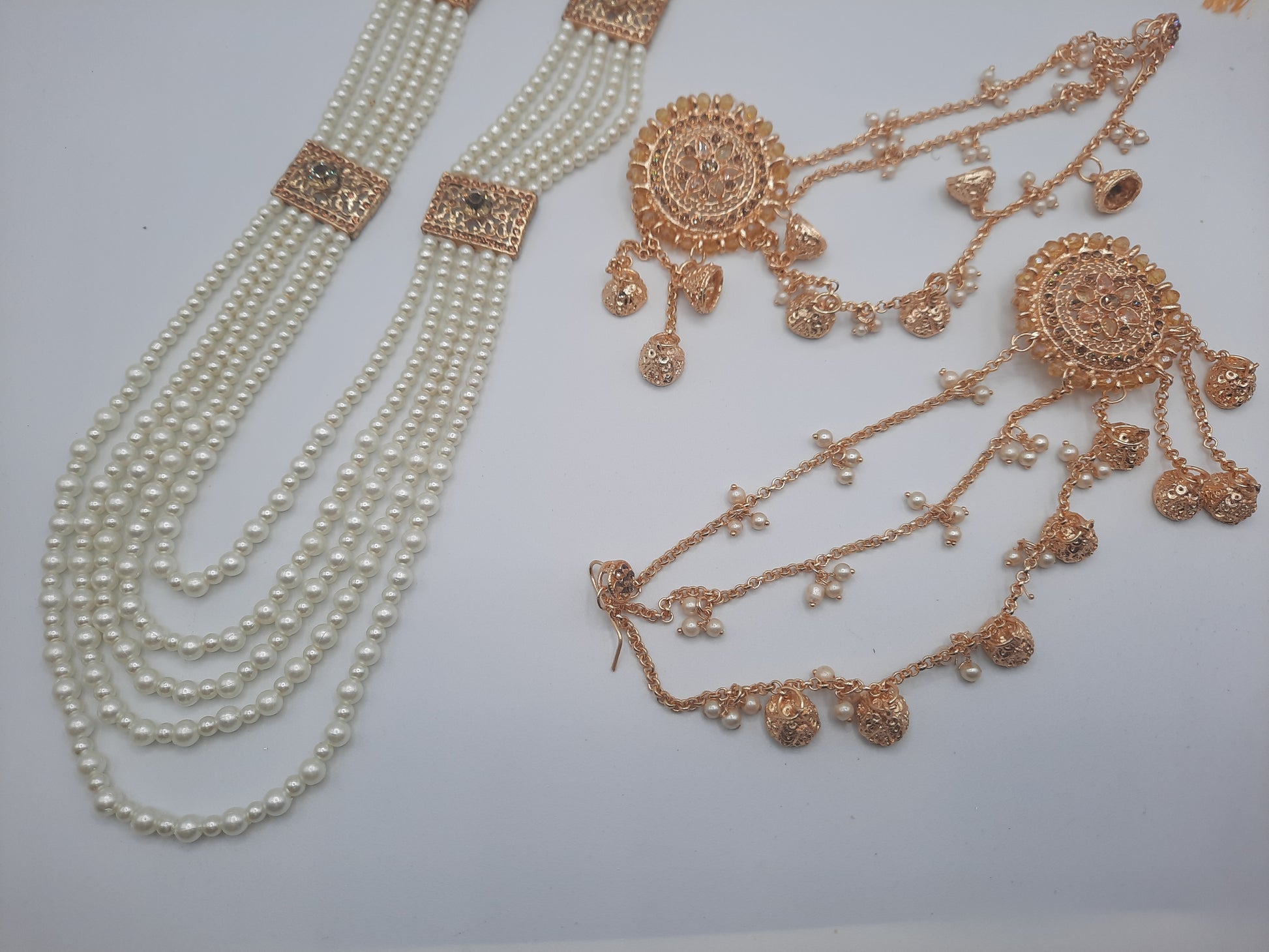 White long maala necklace with white pearls and Kundan Bali with chain and Devdas jhumkas - NATASHAHS