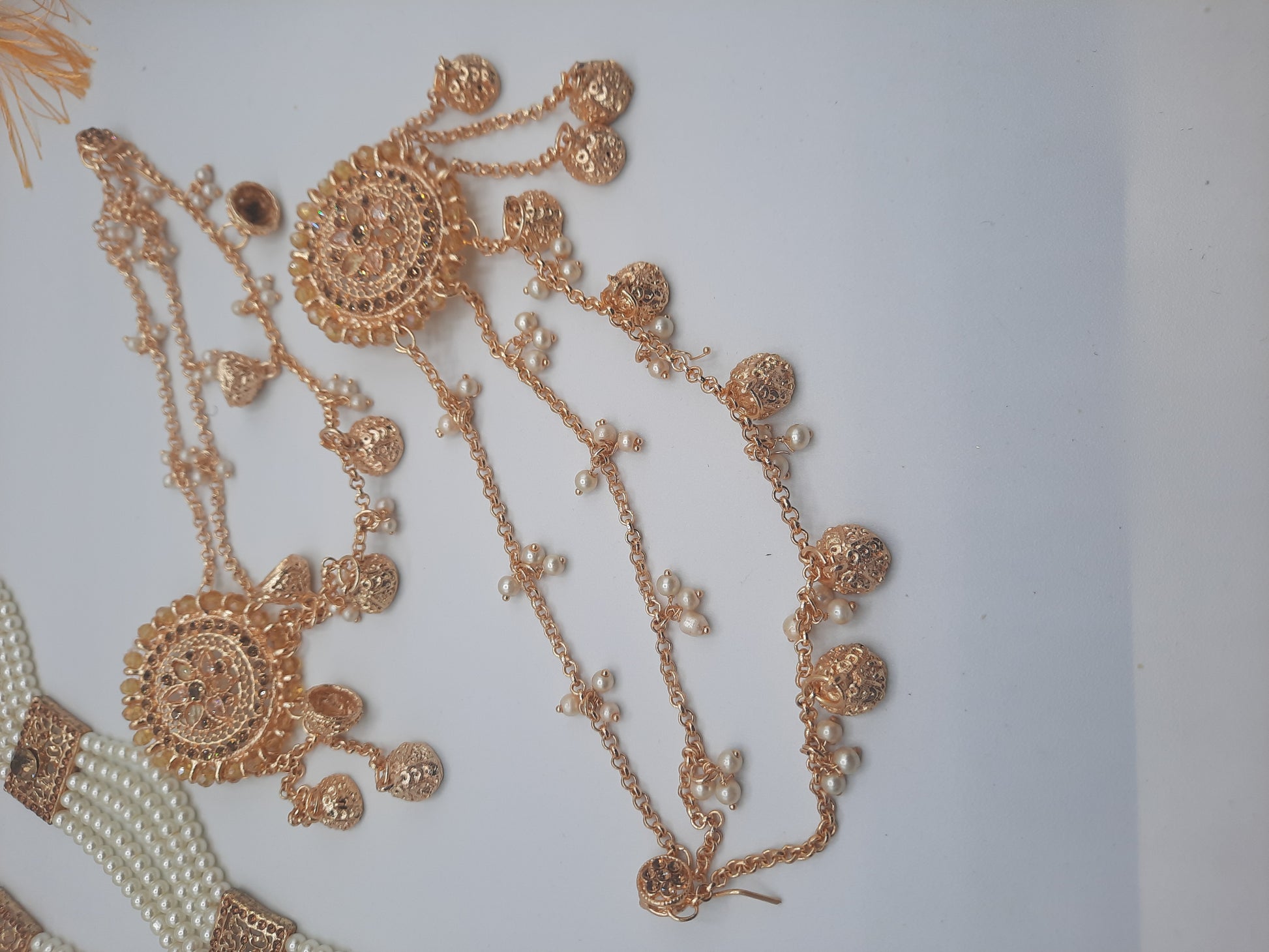 White long maala necklace with white pearls and Kundan Bali with chain and Devdas jhumkas - NATASHAHS