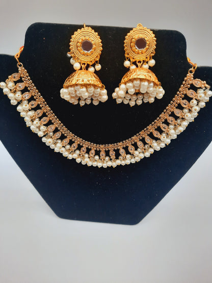 Gold-plated imitation jhumkas with white pearls and white pearls and kundan work necklace - NATASHAHS