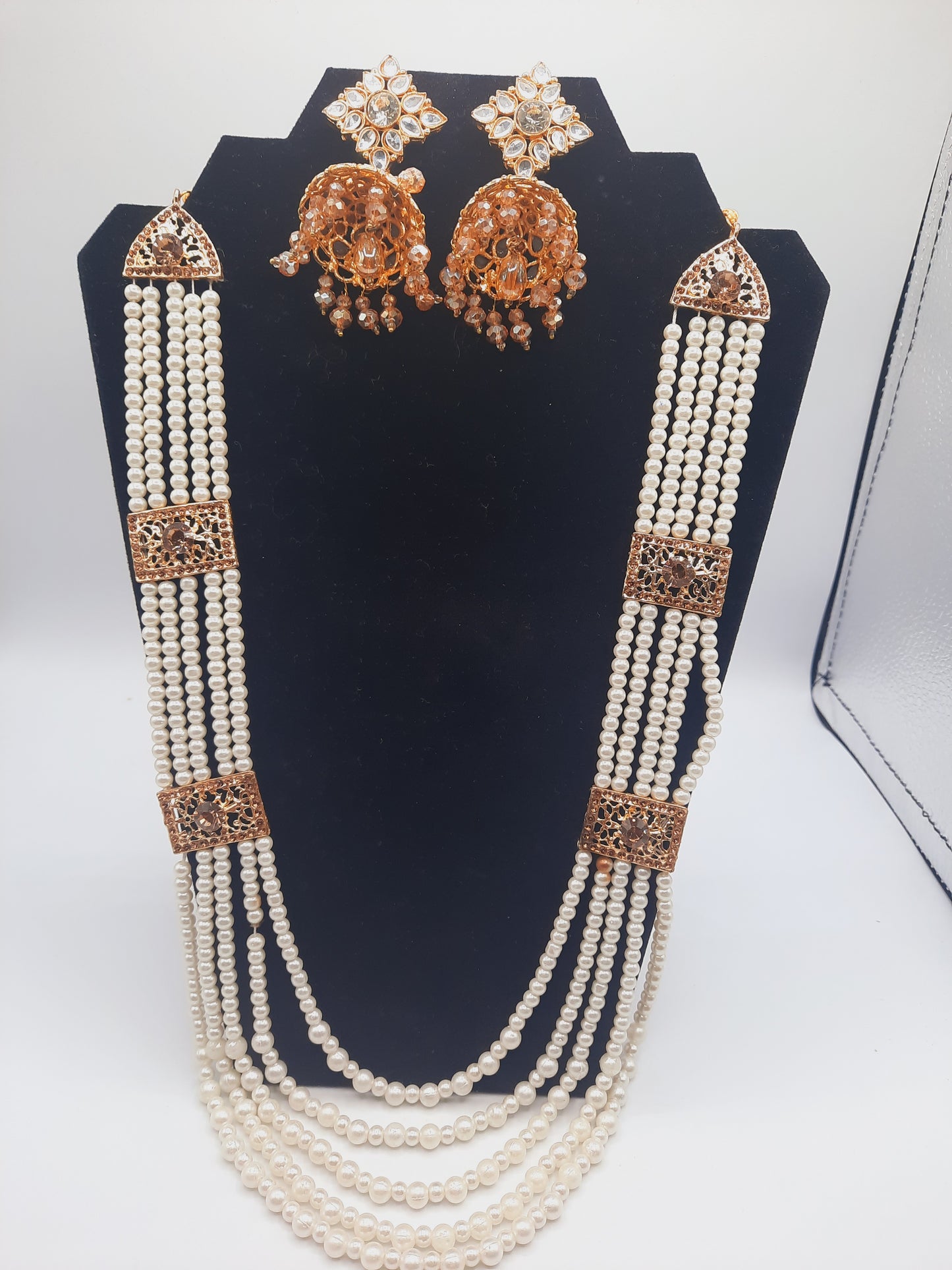 Nauratan style pure white maala with gold plated kundan jhumkas - NATASHAHS