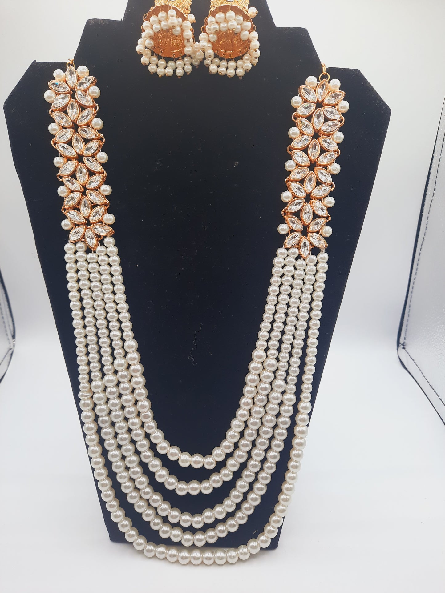 Flower shape gold plated kundan jewelry set with long maala and jhumkas - NATASHAHS