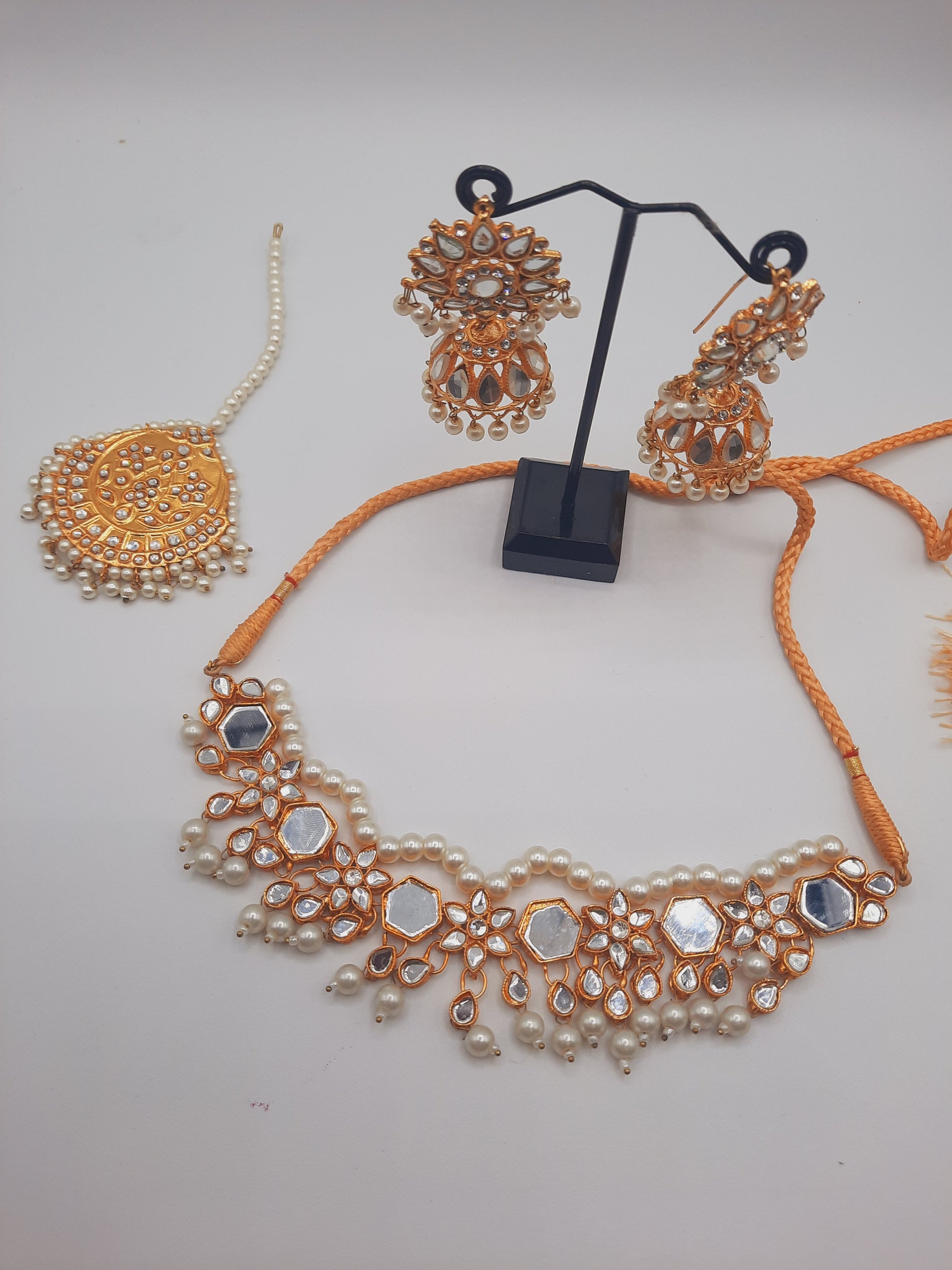 Bridal style kundan long mala kundan choker kundan jhumka and kundan teeka - NATASHAHS