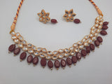 Flower shape gold plated kundan adjustable necklace with earrings in red and green color - NATASHAHS