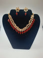 Flower shape gold plated kundan adjustable necklace with earrings in red and green color - NATASHAHS