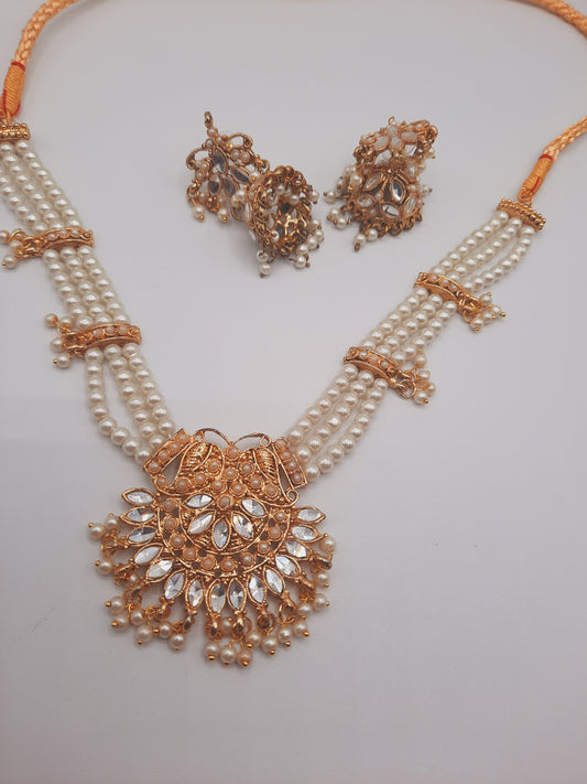 Beautiful custom bridal style necklace set with earrings in white and pink colors - NATASHAHS
