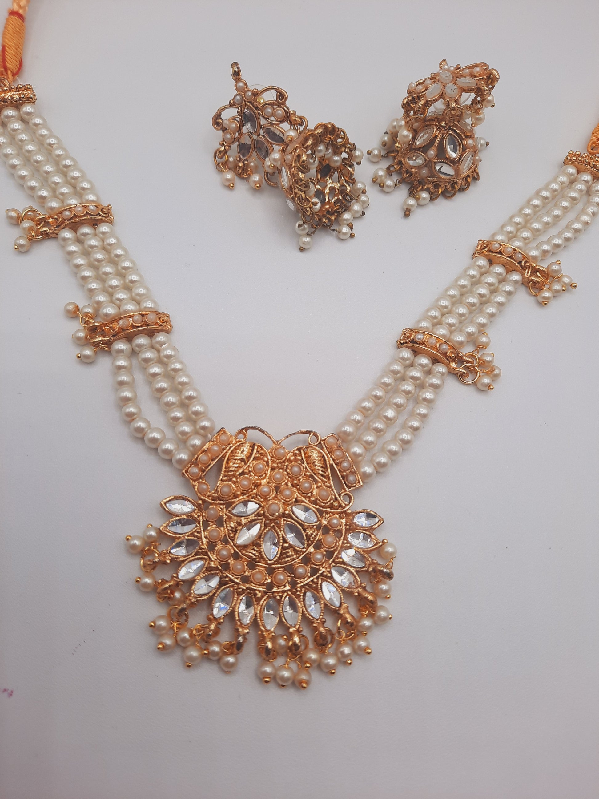 Beautiful custom bridal style necklace set with earrings in white and pink colors - NATASHAHS