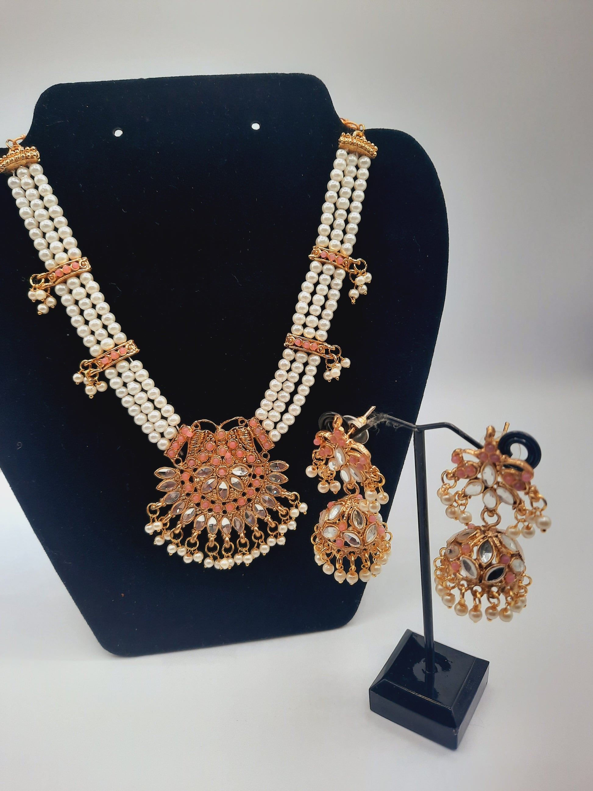 Beautiful custom bridal style necklace set with earrings in white and pink colors - NATASHAHS