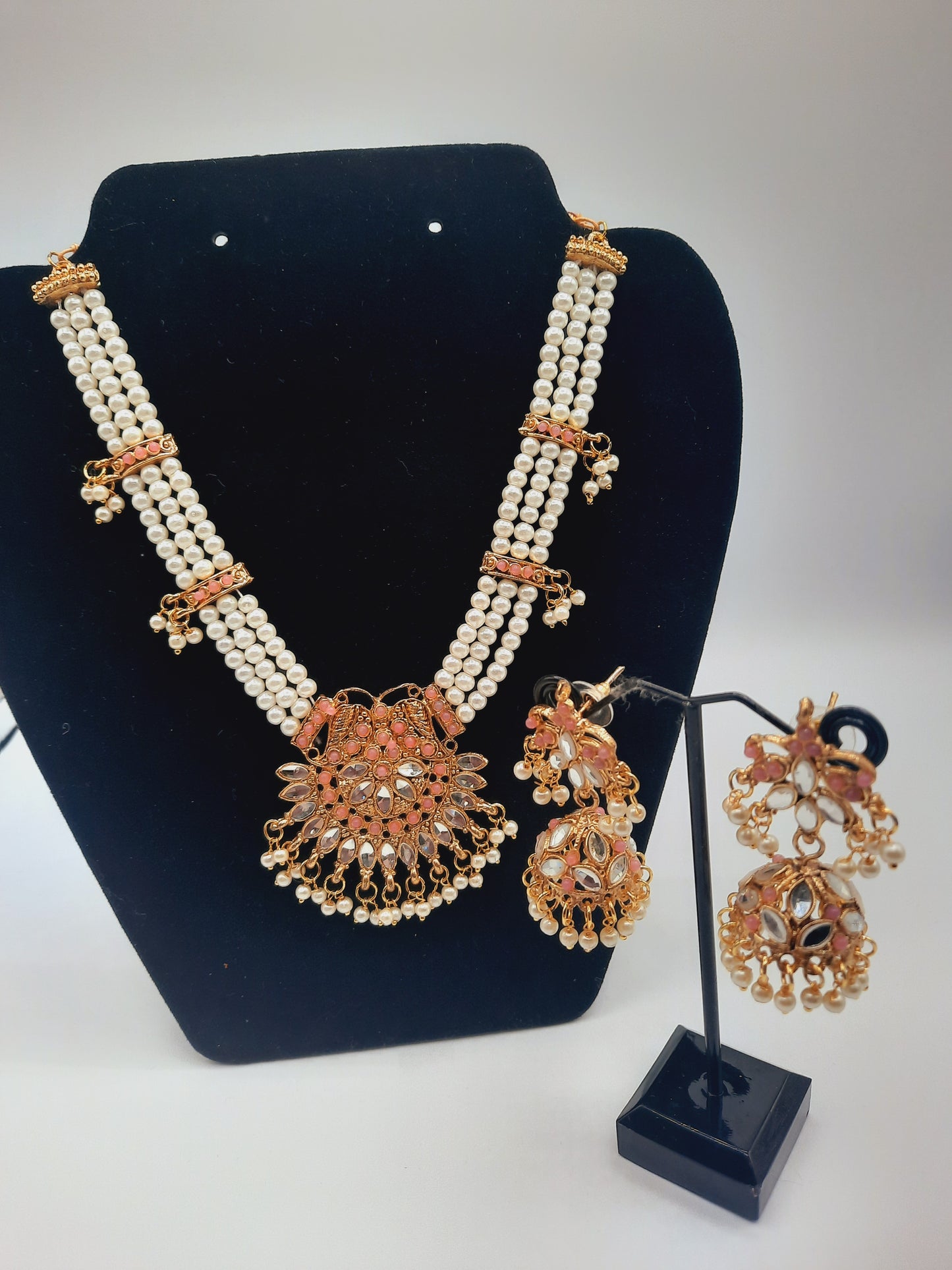 Beautiful custom bridal style necklace set with earrings in white and pink colors - NATASHAHS