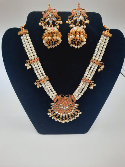 Beautiful custom bridal style necklace set with earrings in white and pink colors - NATASHAHS