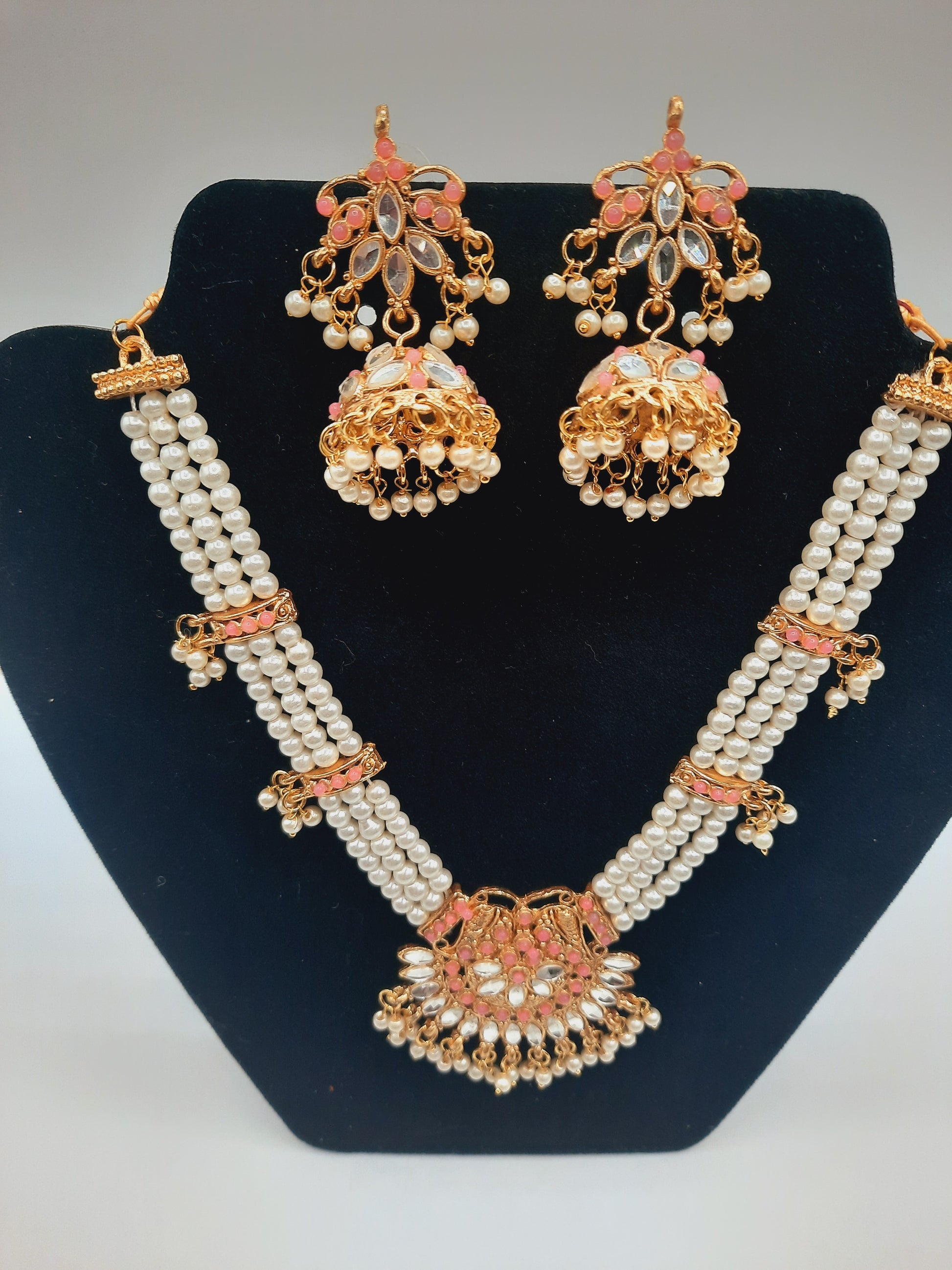 Beautiful custom bridal style necklace set with earrings in white and pink colors - NATASHAHS