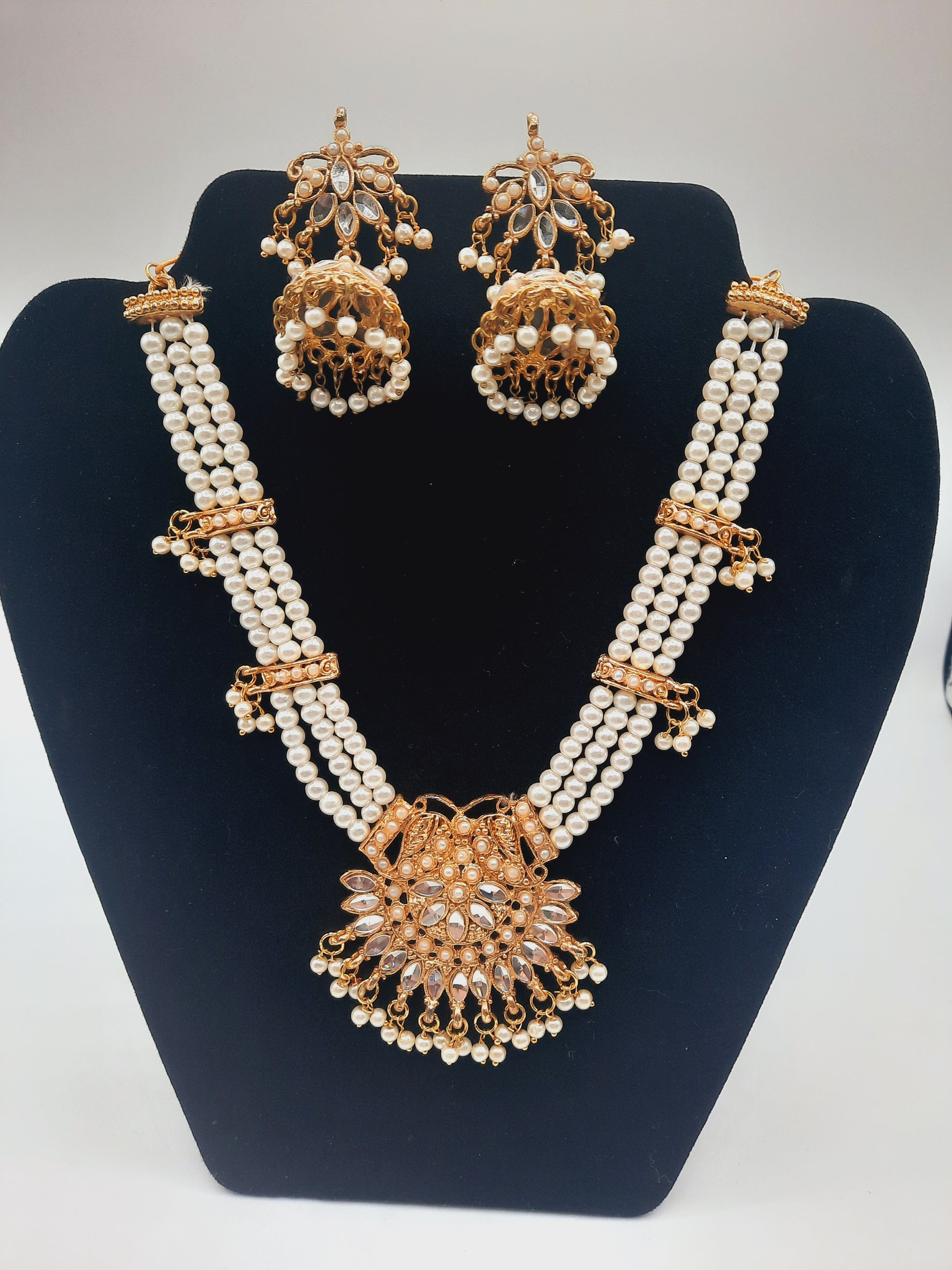 Beautiful custom bridal style necklace set with earrings in white and pink colors - NATASHAHS